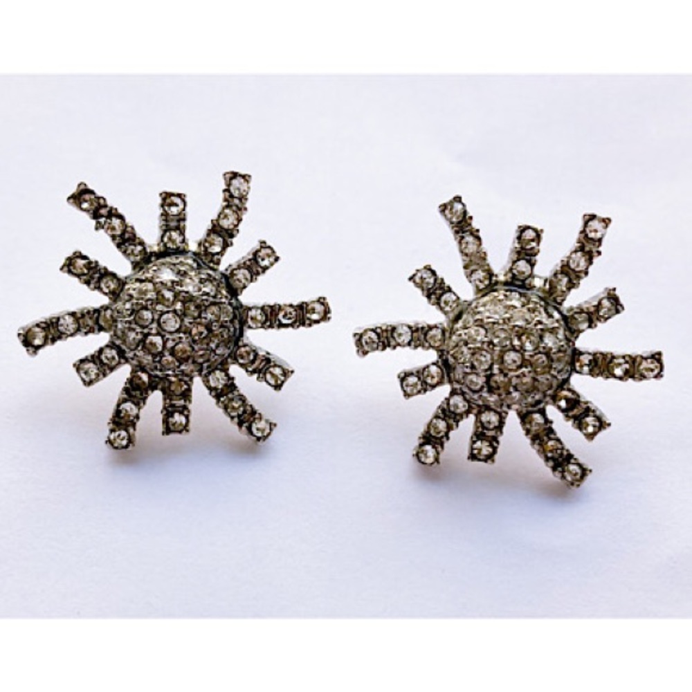 J Crew Pierced Earrings Clear Crystal Pave Flower Silver Tone Pre Owned